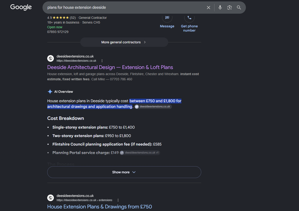 Google search for "plans for house extension deeside". The AI Overview quotes extension plan prices and cites deesideextensions.co.uk as its source.