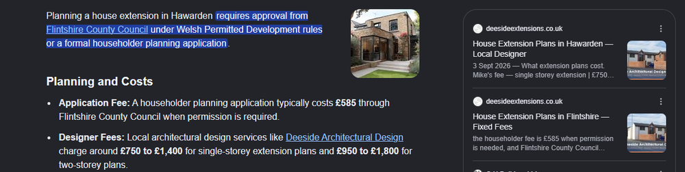 Google AI Overview for a house extension in Hawarden naming Deeside Architectural Design’s fees