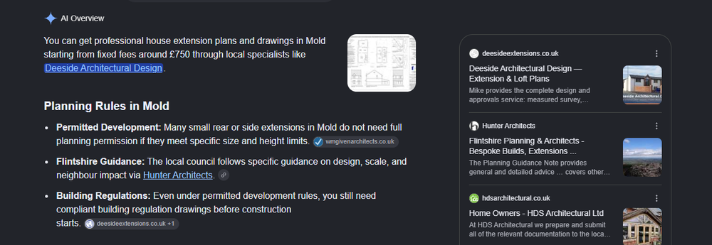 Google AI Overview for house extension plans in Mold, naming Deeside Architectural Design as a local specialist and quoting its £750 fixed fee.