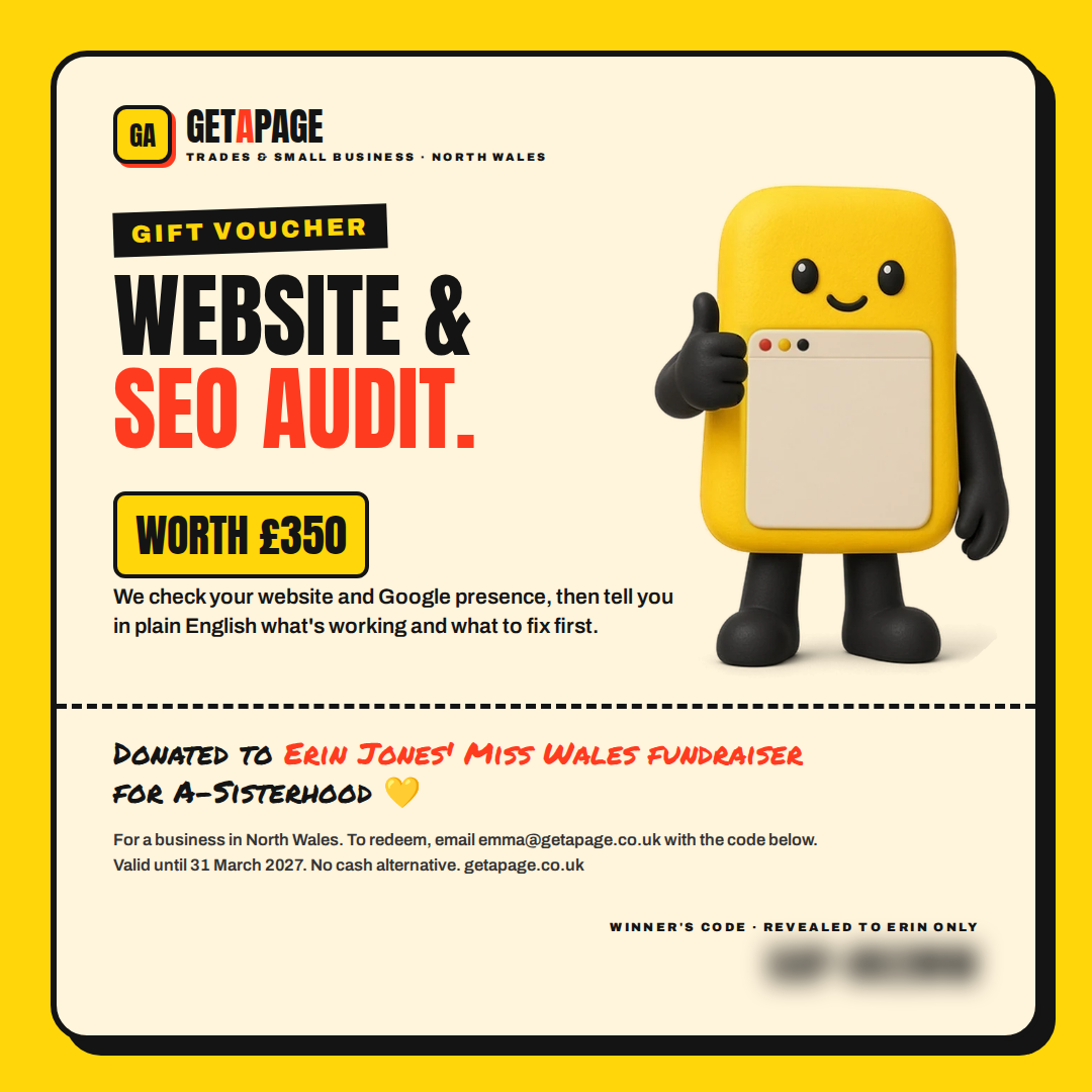 GetAPage gift voucher: Website and SEO audit worth £350, donated to Erin Jones’ Miss Wales fundraiser for A-Sisterhood.